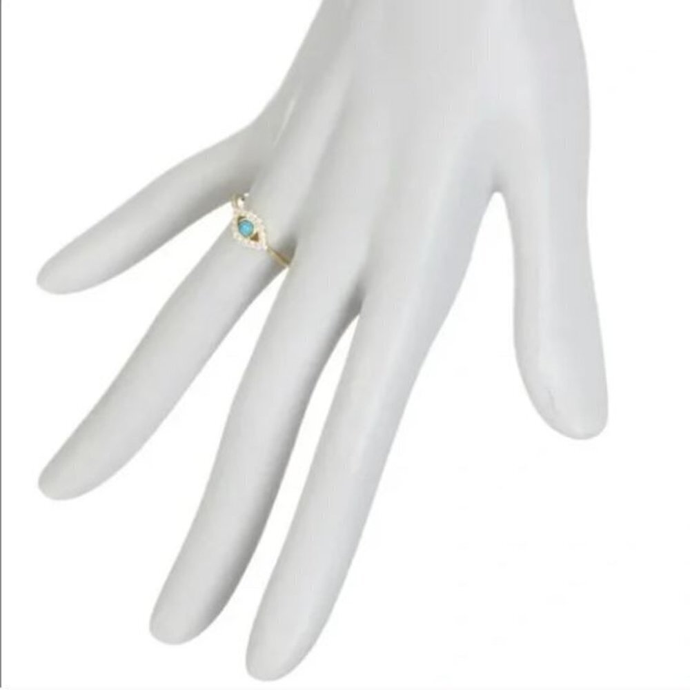 14k Yellow Gold Plated Turquoise & Swarovski Crystal Accented Evil Eye Ring NWT - Picture 6 of 7